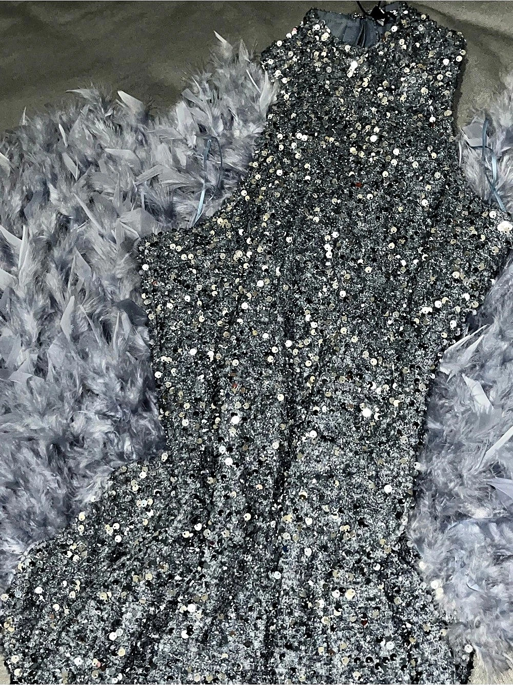 Fashion Nova Zoey Feathered Sequin Gown Gray & Silver